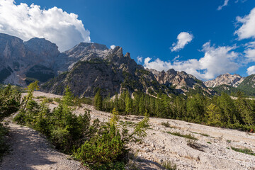 Mountain range of Croda del Becco or Seekofel in front of the Pragser Wildsee or Lake Braies, Dolomites, Fanes-Senes-Braies nature park, South Tyrol, Trentino-Alto Adige, Bolzano, Italy, Europe.