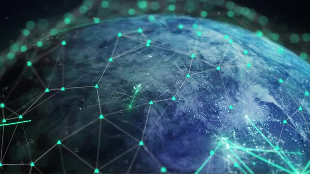 Abstract Tech Earth Globalization in 3d Motion Graphic. Concept Transmit Ai Networking on Fiber Optic. Transfer 5g Web Communications Signal on Worldwide. Global Business Dots on Rotating Blue Planet