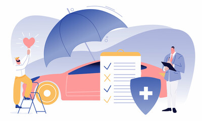 Auto insurance service concept. People stand near contract with car and covered by umbrella. Staff in office filing document form with check marks. Autocare vector flat illustration