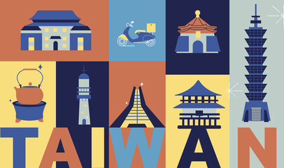 Taiwan culture travel set, famous architectures and specialties in flat design. Business travel and tourism concept isolated on white background.  Image for presentation, banner, website, app, advert.