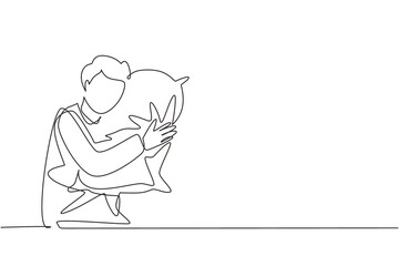 Continuous one line drawing man sleeping and hugging pillow. Sideways sleep position with no bed, young guy lying on his side propped on cushion. Single line draw design vector graphic illustration