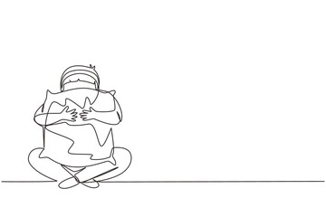Single continuous line drawing little boy holding pillow ready to sleep. Happy child wearing pajamas going to bed. He has a good night and sweet dream. One line draw graphic design vector illustration