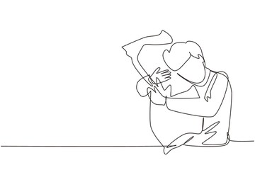 Single continuous line drawing male sleeping while hugging pillow. Activities of people. Sweet dream or sleep concept. Man took sleeping pill for insomnia. One line draw design vector illustration