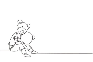 Single one line drawing smiling beautiful little girl hugging big teddy bear, sitting on floor at home, kids toys. Little girl playing with teddy bear. Continuous line draw design vector illustration
