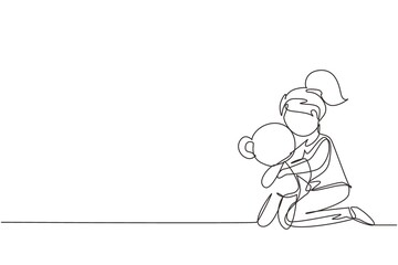 Single one line drawing little girl kid holding and hugging teddy bear doll. Early childhood development, child playing, happy children day. Continuous line draw design graphic vector illustration