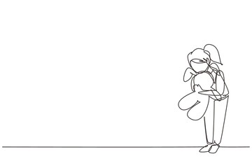 Continuous one line drawing sweet little girl is hugging teddy bear. Little kids playing with teddy bear doll. Childhood, toys and shopping concept. Single line draw design vector graphic illustration
