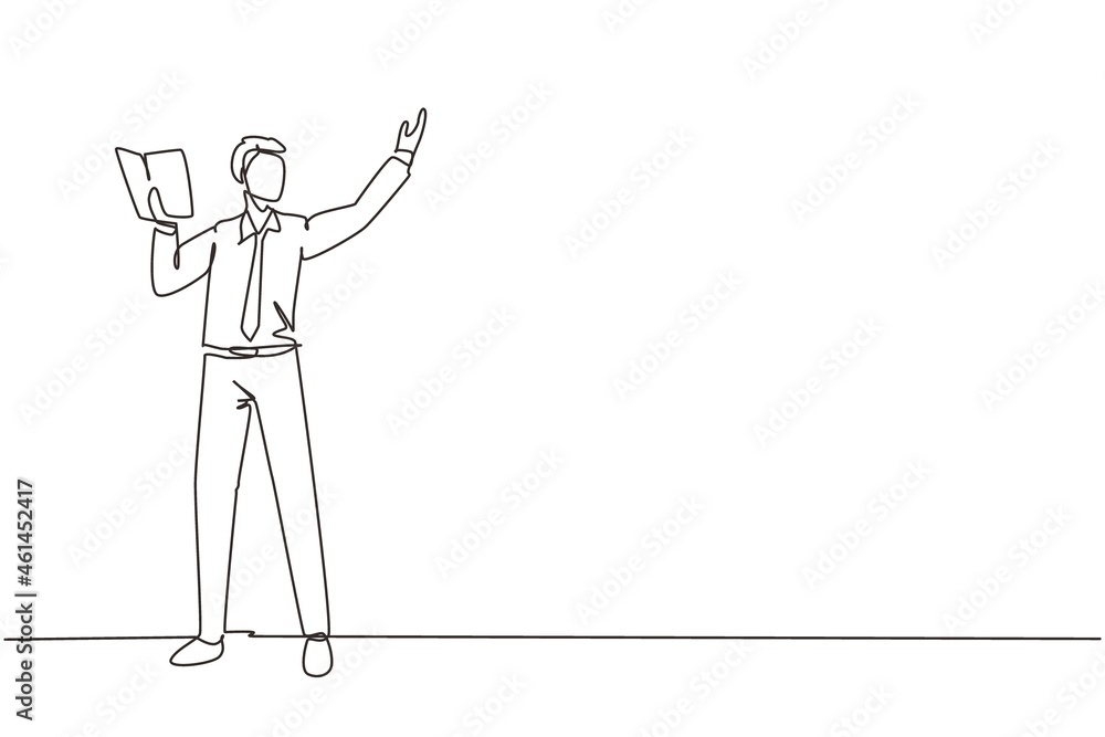 Poster single continuous line drawing man teacher teaching lesson in front classroom with open book. colleg