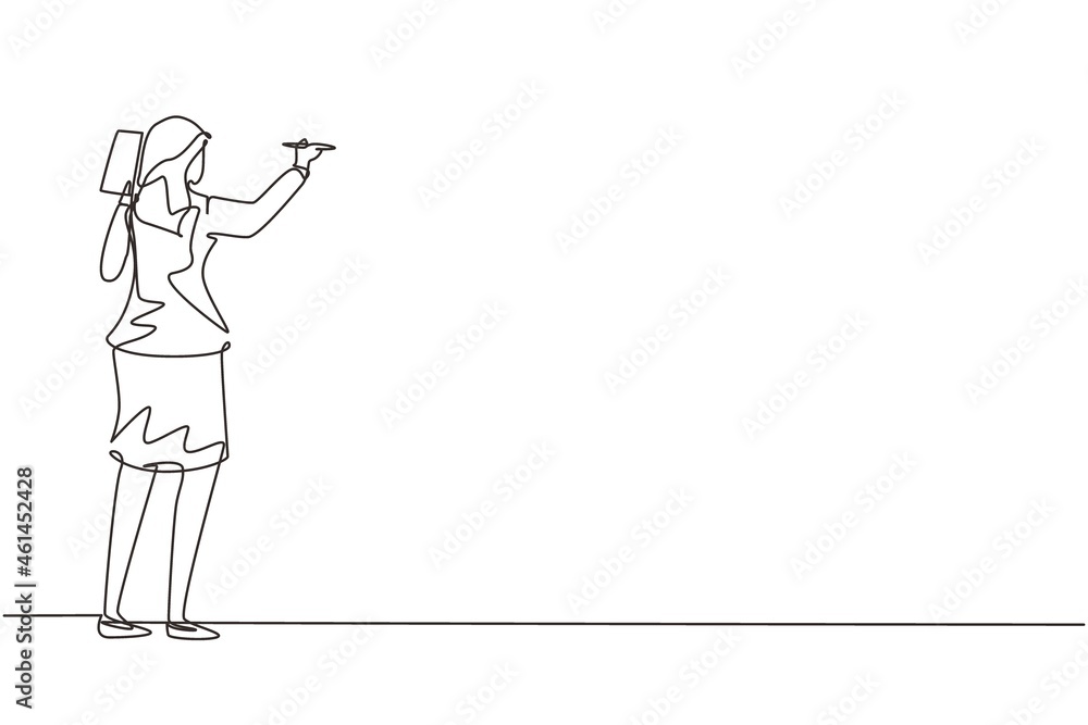 Poster single continuous line drawing business school professor teaching explaining and writing formula on 