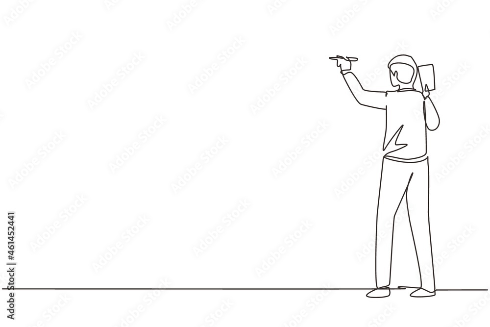 Poster single continuous line drawing business school professor teaching explaining and writing formula on 