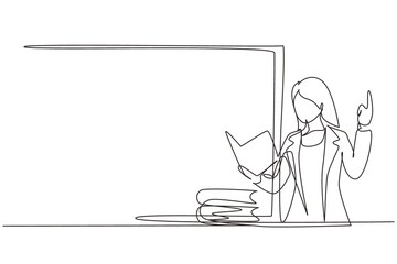Continuous one line drawing young woman teacher standing in front of class with book on her hands, pile of books on table. Female teacher teach in classroom at school. Single line draw design vector
