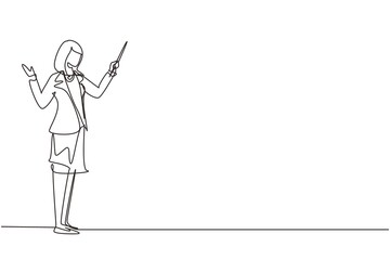 Single one line drawing standing young businesswoman teacher wearing blazer pointing with wooden pointer stick. Educational concept, courses, trainings. Continuous line draw design vector illustration