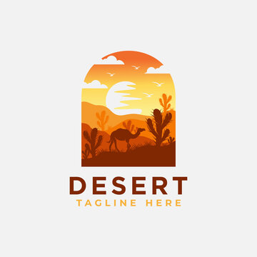 Desert logo design template with sunset and a silhouette of a camel. Vector illustration
