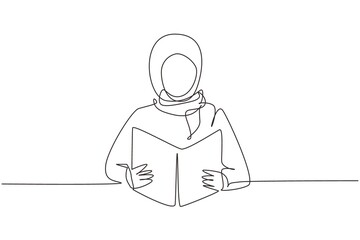 Single one line drawing Arab girl reading book, education. Woman student sitting at desk to read literary work, story books, study, textbooks on table. Continuous line draw design vector illustration