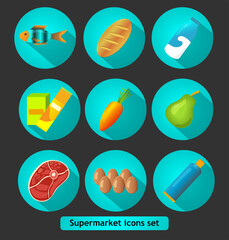 Colorful detailed icons of supermarket products