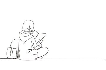 Single continuous line drawing back view young Arabian woman sitting on floor reading book. College student prepare to exam, back to school gaining knowledge. One line draw design vector illustration
