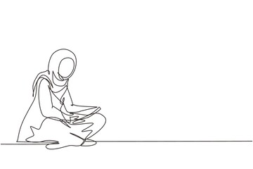 Continuous one line drawing cute Arabian lady sitting on floor, reading book. Adorable young woman spending weekend at home. Leisure activity, relaxation. Single line draw design vector illustration