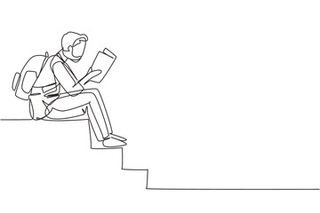 Single continuous line drawing modern young Arabian man reading book sitting on stairs. Smart male reader enjoying literature or studying, preparing for exam. One line draw design vector illustration