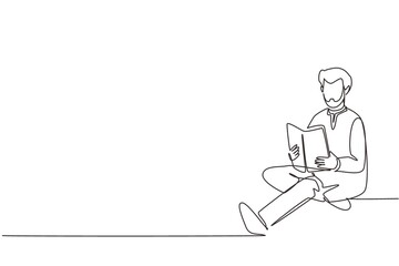 Single continuous line drawing smart Arabian student preparing for exam at home. Young man studying and reading book. Male reader sitting on floor, learning. One line draw design vector illustration