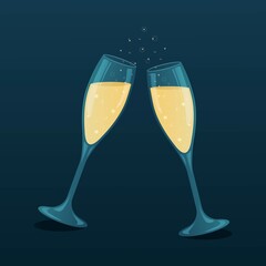 Couple of glasses of champagne with sparkling bubbles on a dark background. Sparkling wine. Cheers! Happy new year! Vector illustration.