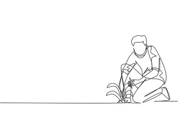 Continuous one line drawing young man plants, protects tree seedling or plant. Startup new beginning concept. Agricultural worker with organic natural crop. Single line draw design vector illustration