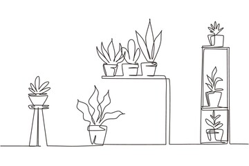 Single one line drawing home garden, succulents, flowers, potted plants. Interior design, table, rack, stand for home plants. Seedlings of decorative tulips. Continuous line design vector illustration