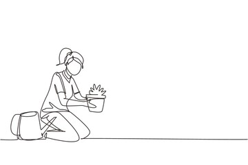 Continuous one line drawing happy girl taking care of houseplants growing in planters. Young cute woman cultivating potted plants at home. Female enjoying her hobby. Single line draw design vector