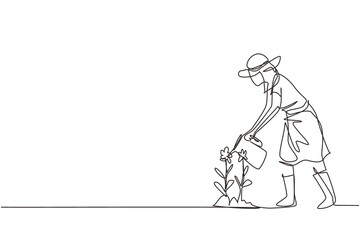 Fototapeta na wymiar Single continuous line drawing girl volunteer watering plant with watering can, volunteering, charity, supporting people. Botanical garden, planting flowers. One line draw design vector illustration