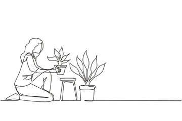 Single continuous line drawing young woman worker kneeling, potted plants. Houseplants in pots in greenhouse, botanical garden, flowers growing, plant nursery. One line draw design vector illustration