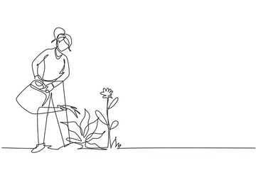 Single one line drawing lovely young woman or gardener taking care of home garden, watering houseplants growing in greenhouse with watering can. Continuous line draw design graphic vector illustration