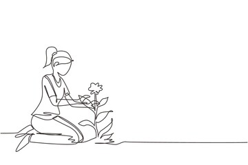 Obraz na płótnie Canvas Single one line drawing young woman plants flowers at ground. Cute girl transplants plants, doing gardening, preparation to spring. Home hobby, relaxation concept. Continuous line draw design vector