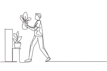 Continuous one line drawing home gardening. Male take care to houseplant. Man carefully puts flower in pot on rack. Hobby growing exotic plants. Stand with rare sprouts. Single line draw design vector