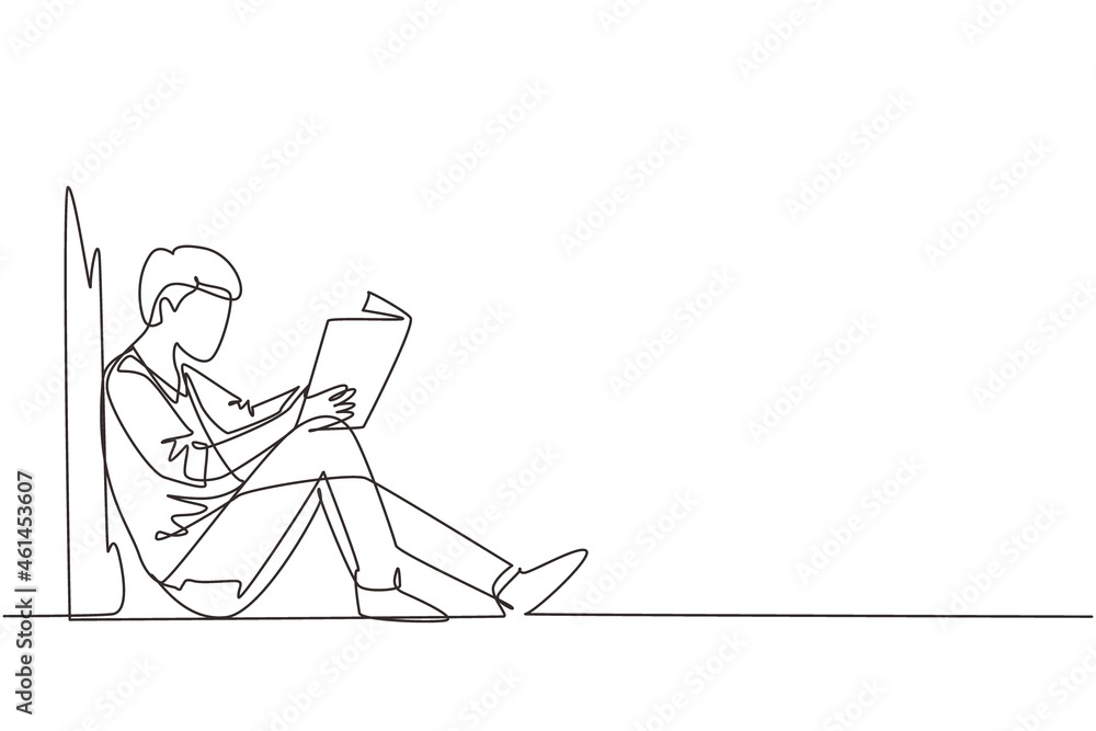 Poster continuous one line drawing young man sit on the floor, reclined on wall of library, read book. guy 