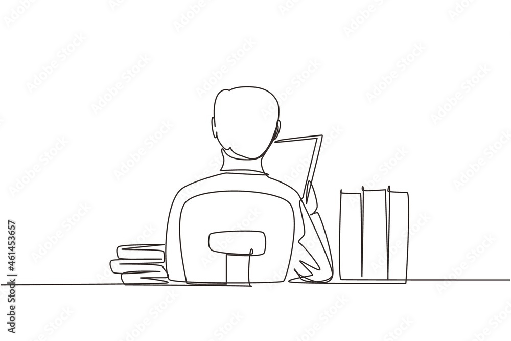 Poster continuous one line drawing back view of young man sitting at desk and reading book, student studyin