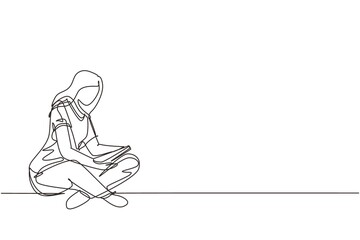 Single continuous line drawing cute lady sitting on floor, reading book. Adorable young woman spending weekend at home. Leisure activity, repose, relaxation. One line draw design vector illustration