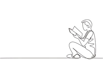 Single continuous line drawing teenage man in casual clothing sitting at floor and reading book. Enthusiastic reader for educational and hobby concept. One line draw graphic design vector illustration