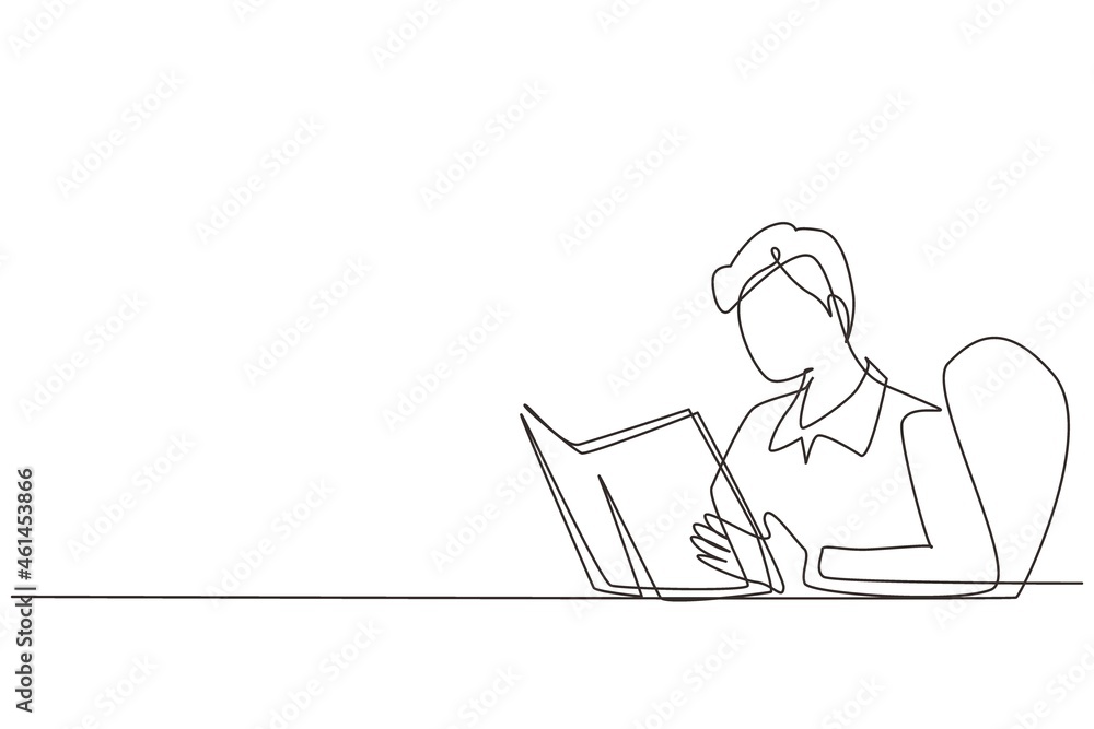 Poster single continuous line drawing student sitting at table, holding book in hands. student reading book