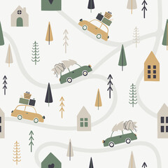 Wintes season seamless pattern in scandinavian style. Illustration of retro cars with gifts and a Christmas tree. Vector template for cards, posters, wrapping paper, textile, wallpaper. - 461453846