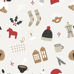 Hand drawn Christmas seamless pattern in scandinavian style. Winter season texture. Vector backdrop with traditional xmas  decorative attributes. - 461453849