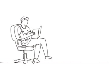 Continuous one line drawing modern young man reading book sitting in chair. Smart male reader enjoying literature, studying and preparing for exam. Single line draw design vector graphic illustration