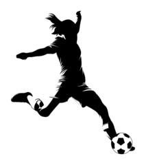 Fototapeta na wymiar Women soccer player vector silhouettes on white background isolated. Silhouette of a woman kicking soccer ball, vector illustration