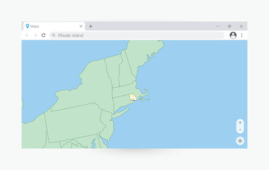 Browser window with map of Rhode Island, searching  Rhode Island in internet.