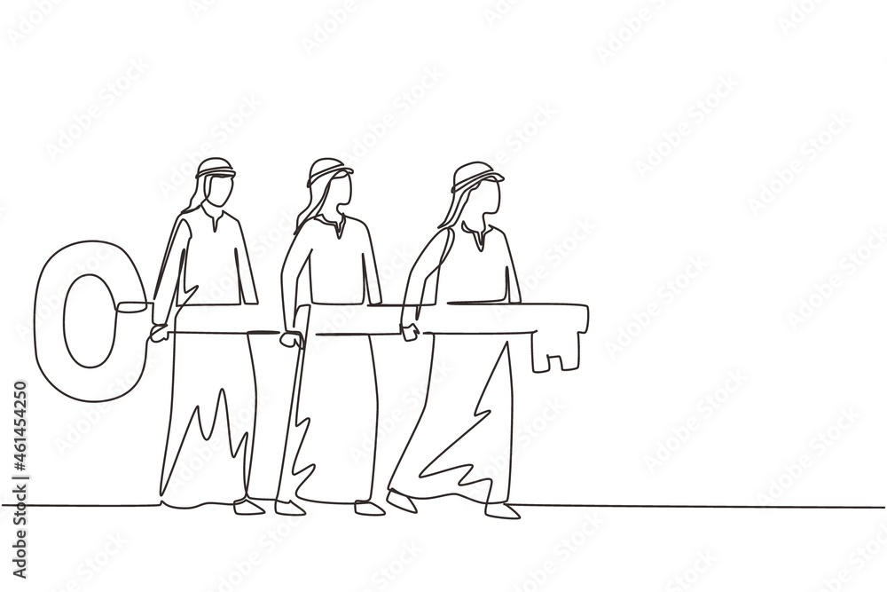 Poster single one line drawing problem solving team of business man with key solution concept. arabian busi