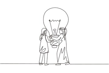 Single continuous line drawing two Arab people hold big idea bulb. Creativity, brainstorming, teamwork. Man woman holding bulb up, symbol of finding solution. One line draw design vector illustration