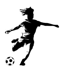 Women soccer player vector silhouettes on white background isolated. Silhouette of a woman kicking soccer ball, vector illustration © Gelgel Nasution