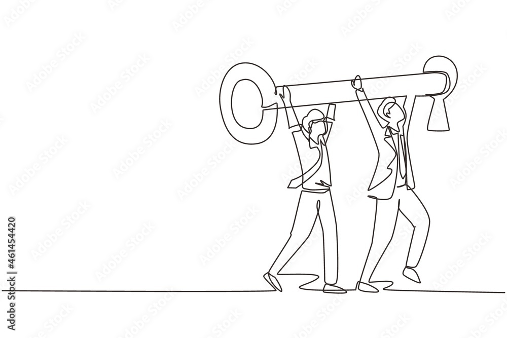Poster continuous one line drawing business key concept with two male figures wearing suits while lifting a