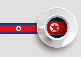 North Korea flag with a tasty coffee cup on top view and a gradient background. Hot beverage with North Korea flag, vector illustration.