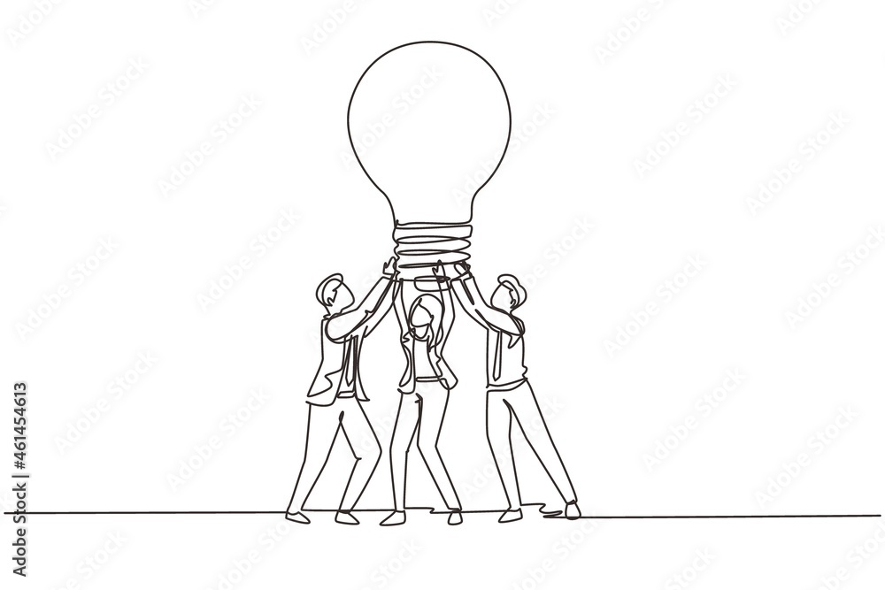 Aufkleber single one line drawing group people hold huge lamp new idea. success in business rely on teamwork, 