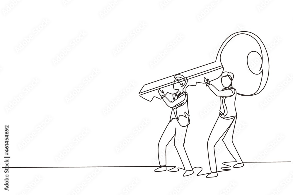 Poster single continuous line drawing business solution. teamwork achievement. cooperation concept. two men