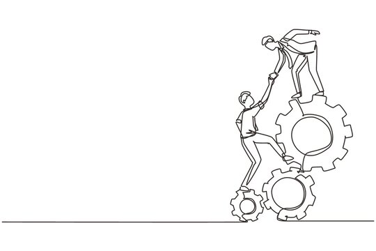 Single one line drawing two young businessmen helping each other to go up to pile of cogs. Teamwork people trust assistance. Technology gear collaboration solution. Continuous line draw design vector
