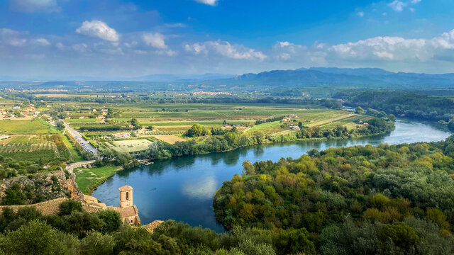 aerial view of the Ebro River in Miravet, Spain